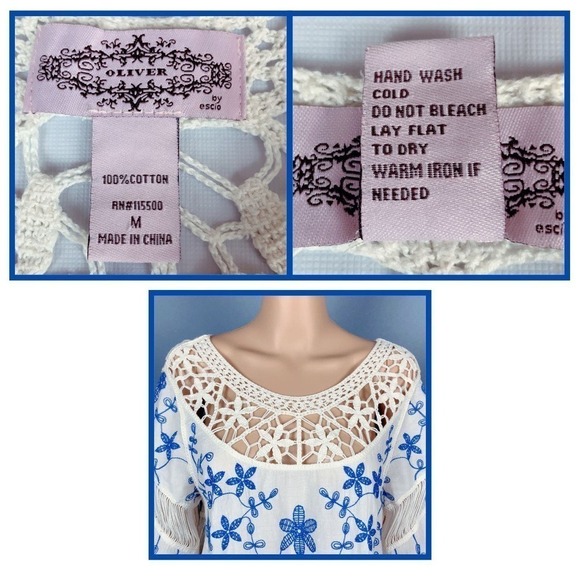 Oliver Crochet Embroidery Tunic Floral Top Blue‎ Cream Cotton Womens Size Medium - Picture 8 of 8